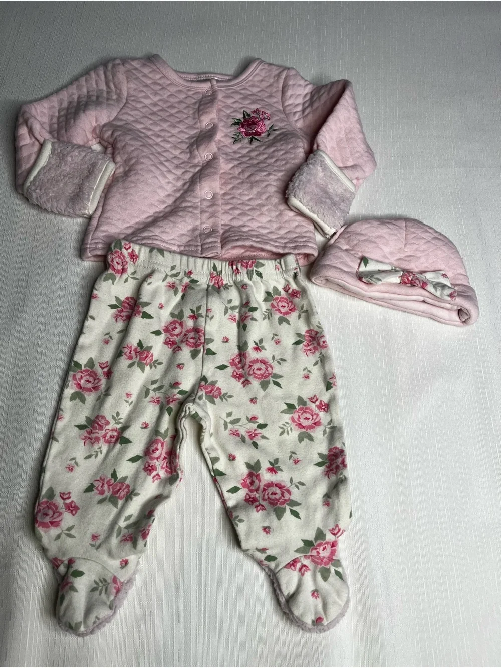 Little Beginnings Pink Floral Quilted Baby Set with Hat Size 3-6 months
